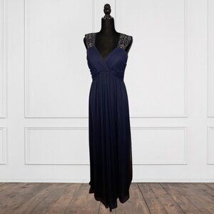 Night Way Navy Blue Sequins Pleated Formal Long Gown